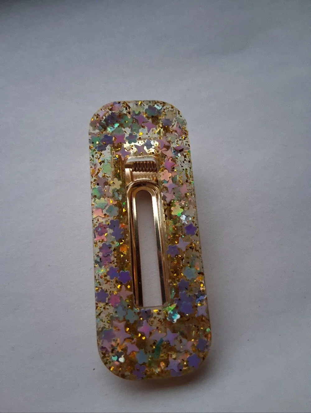 5/$25 Hand Crafted Gold and Iridescent Star Confetti Resin Hair Clip